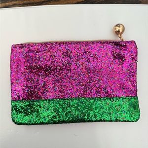 IPSY December 2023 makeup bag - pink & green glitter - zip top